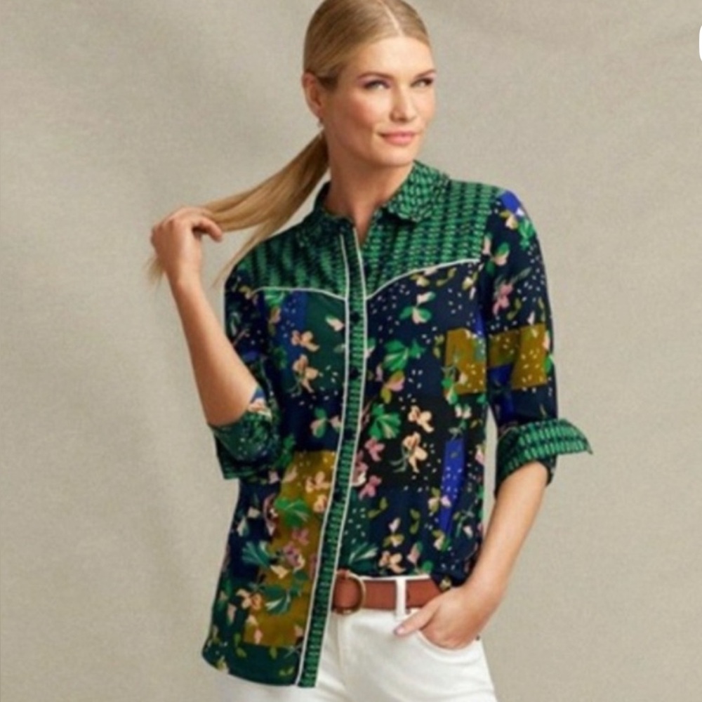 CAbi Bronco Green and Blue Floral Blouse